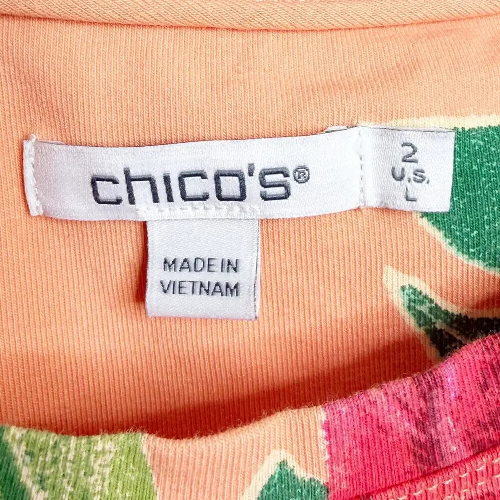CHICO’S Floral Cap Sleeve Tee Crew Neck Classic Fit Orange Multi Womens Size L - Picture 5 of 8